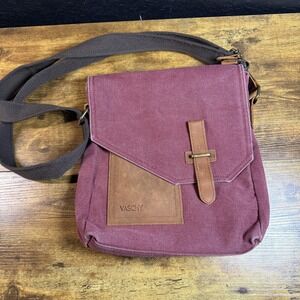 Vaschy Vintage Canvas Messenger Bag Burgundy Purple Leather Trim Crossbody Bag